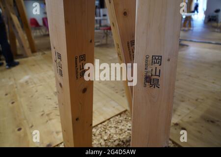 Chuo, Japan. Juni 2021. Jedes Holzstück, das zum Bau des Olympischen und Paralympischen Dorfplatzes verwendet wurde, zeigt an, aus welchem Teil Japans sie stammen. Die Holzstücke werden aus ganz Japan gesammelt. Kredit: SOPA Images Limited/Alamy Live Nachrichten Stockfoto