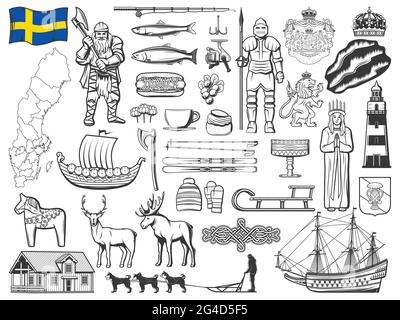 Schweden Geschichte, Natur und Kultur Symbole Vektor-Symbole. Schwedische Flagge, Vasa Wappen und Schiff, königliche Krone, wikinger mit Axt und drakkar, St. Lucia Stock Vektor