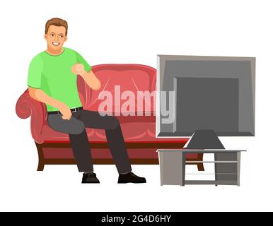 Kerl sitzt auf der Couch. Junger, hübscher Junge, der Fernsehen schaut. Ruhe. In Jeans, einem T-Shirt und Sneakers. Einzeln. Flacher Cartoon-Stil. Das Illustrat Stock Vektor