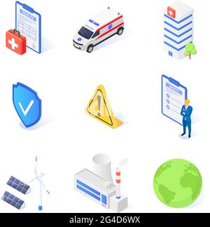 HSE-Konzept – Gesundheit, Sicherheit und Umwelt. Satz isolierter Symbole auf weißem Hintergrund. Isometrische Darstellung des flachen Vektorgrafikes. Stock Vektor