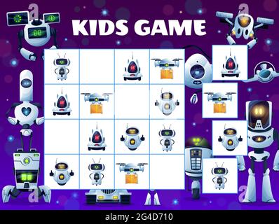 Sudoku Kinder Spiel Block Puzzle mit Vektor-Roboter und Droiden Drohnen Hintergrund Rahmen. Bildung Geist Spiel, Logik Rätsel, Puzzle oder Test Arbeitsblatt templa Stock Vektor