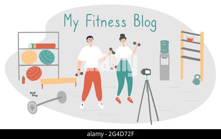 Fitness-Blog für Familien. Blogger nehmen Inhalte für ihren Video-Blog auf. Sportler senden mit einer Kamera auf Stativ an ihre Abonnenten Stock Vektor