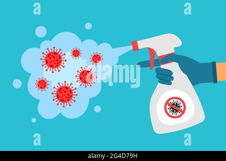 Coronavirus-Schutz. Mann in Handschuhen hält eine Flasche antiseptischen Sprays. Tötet Bakterien ab. Desinfektionsmittel-Konzept. Flaches Design. Vektorgrafik Stock Vektor