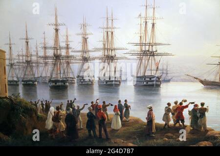 Russische Staffel auf der Sewastopoler Straße 1846 von van Konstantinovich Aivazovsky.Иван Константинович Айвазовский. (1817 – 1900) Russischer romantischer Maler.einer der größten Meister der Meereskunst Stockfoto