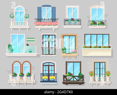 Hausbalkon, Gebäudefassade oder Stadtstraßenarchitektur Innenarchitektur. Vector Balkon mit schmiedeeisernen und hölzernen Geländern, Glaszäune dekorat Stock Vektor