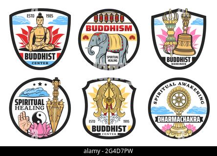 Buddhistische Ikonen, Zentrum für spirituelle Praktiken. Vektor-meditierender Buddha im Lotus, Elefant und Gebete Räder, Vajra, Tempel Glocke und Kila Ritual Stock Vektor