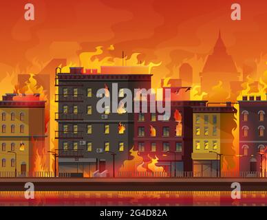 Feuer in der Stadt, brennende Gebäude auf der Stadtstraße. Naturkatastrophen oder Katastrophen, Kriegskonflikte oder Klimaänderungen Cartoon-Vektor-Hintergrund. Eigentumswohnung Stock Vektor