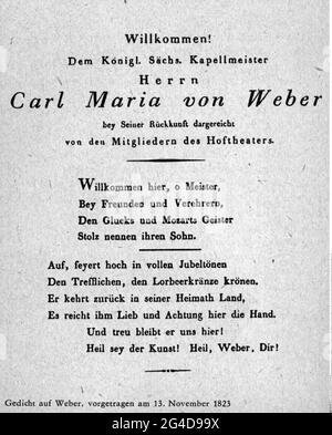 Weber, Carl Maria von, 18.11.1786 - 5.6.1826, deutscher Komponist, Gedicht zu seinen Ehren, ARTIST'S COPYRIGHT MUSS NICHT FREIGEGEBEN WERDEN Stockfoto