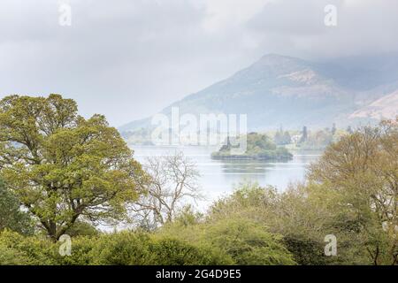 View through woodland to Derwent Water and distant fells on a hazy early summer day in the English Lake District Stockfoto