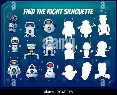 Kinder Spiel finden Sie die richtige Roboter Silhouette, Schatten Match Vektor Rätsel mit Cartoon Cyborgs. Logiktest für Kinder mit Androiden und künstlicher Intelligenz Stock Vektor