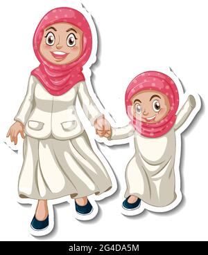 Eine Stickervorlage mit muslimischer Mutter und Tochter Illustration Stock Vektor