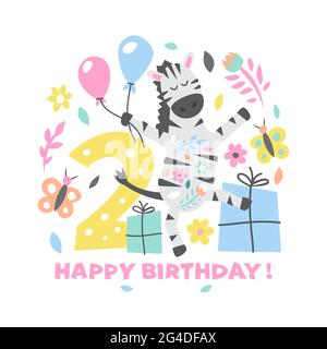 Happy Birthday Niedliche Illustration mit Zebra für Grußkarte und Poster Stock Vektor