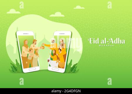 eid al adha Grußkarte. muslimische Familie teilt das Fleisch von Opfertier für arme Menschen durch Smartphone-Bildschirm-Konzept Stock Vektor