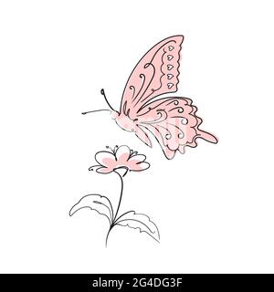 Schmetterling surreal kontinuierliche Linie und Blume.Sammeln Nektar.Stock Vektor-Illustration auf weißem Hintergrund isoliert. Stock Vektor