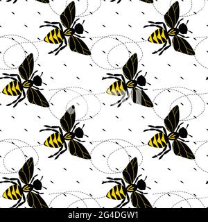 Nahtloses Muster mit Bienen auf weißem Punktmuster Hintergrund. Kleine Wespe. Vektorgrafik. Entzückende Cartoon-Figur. Vorlagendesign für Einladung Stock Vektor