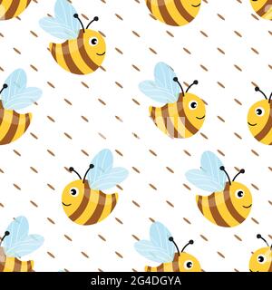 Nahtloses Muster mit Bienen auf weißem Punktmuster Hintergrund. Kleine Wespe. Vektorgrafik. Entzückende Cartoon-Figur. Vorlagendesign für Einladung Stock Vektor