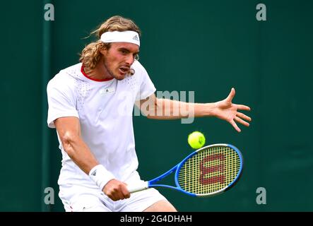 Aktenfoto vom 01-07-2019 von Stefanos Tsitsipas in Aktion. Ausgabedatum: Montag, 21. Juni 2021. Stockfoto