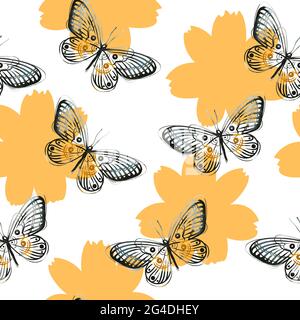 Nahtloses Muster Schmetterlinge Blumen Weißen Hintergrund. Vektorgrafik Für Aktien. Stock Vektor