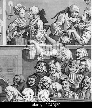 Theater / Theater, Publikum, 'The laching audience', von William Hogarth (1697 - 1764), Gravur, ARTIST'S COPYRIGHT MUSS NICHT FREIGEGEBEN WERDEN Stockfoto