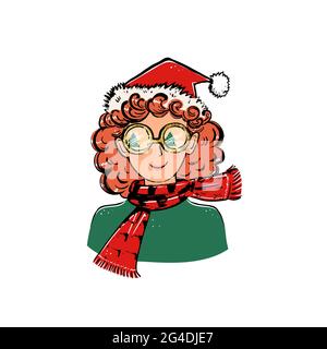 Porträt einer glücklichen Frau im flachen Stil mit weihnachtsmannhut. Handgezeichnete Vektor-Design-Illustrationen isoliert auf weißem Hintergrund Stock Vektor