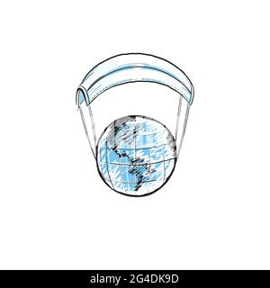 Cartoon Globe oder Erde springen Fallschirm medizinische Maske auf weißem Hintergrund isoliert. Konzept des Schutzes vor covid-19.die Welt wird gerettet werden durch Stock Vektor