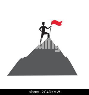Erfolgskonzept.Ein Mann mit roter Flagge steht auf einem Berg. Symbolgewinnerin.Nummer eins. Der Kletterer eroberte den Gipfel und gewann von der Konkurrenz Stock Vektor