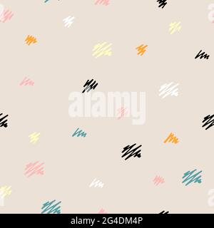 Nahtloses skandinavisches Muster. Schwarz, Gold, Pink, Blau, Weiß handgezeichnetes Zickzack auf pastellfarbenem Hintergrund. Dezente, kuschelige Verzierung. Vektorgrafiken wi Stock Vektor