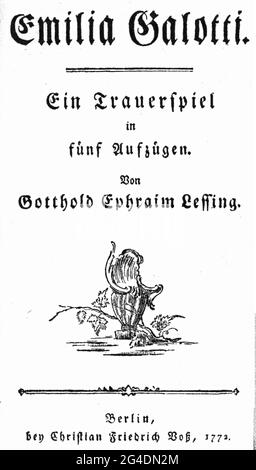 Theater / Theater, Theaterstück, 'Emilia Galotti', von Gotthold Ephraim Lessing (1729 - 1781), Erstausgabe, ARTIST'S COPYRIGHT MUSS NICHT FREIGEGEBEN WERDEN Stockfoto