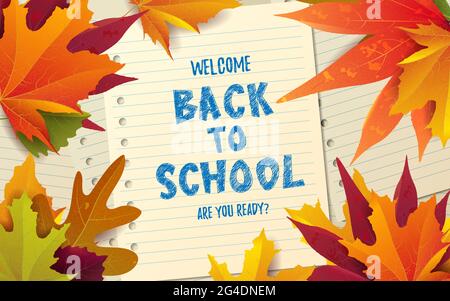 Zurück zur Schule netter lustiger Text mit Schulmaterial und pädagogischen Elementen. Konzeptdesign, Banner, Karte, Begrüßung. Vektorgrafik. Stock Vektor