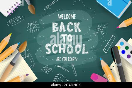 Zurück zur Schule netter lustiger Text mit Schulmaterial und pädagogischen Elementen. Konzeptdesign, Banner, Karte, Begrüßung. Vektorgrafik. Stock Vektor