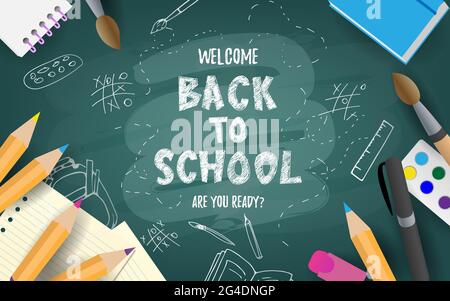 Zurück zur Schule netter lustiger Text mit Schulmaterial und pädagogischen Elementen. Konzeptdesign, Banner, Karte, Begrüßung. Vektorgrafik. Stock Vektor