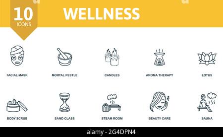 Wellness-Symbol-Set. Enthält bearbeitbare Symbole Spa-Therapie Thema wie Gesichtsmaske, Kerzen, Lotus und mehr. Stock Vektor