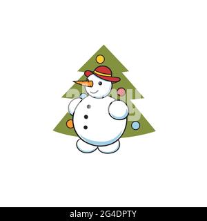 Handzeichnung Schneemann mit Hut, Karotte und weihnachtsbaum isoliert auf weißem Hintergrund.Neujahr Illustration. Aufkleber, Symbol für Adventskalender.Lager Stock Vektor