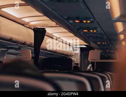 Innenraum von leeren Sitzen in einem Flugzeug. Nur wenige Passagiere sitzen während eines gesperrten Fluges und eines Corona-Virus-Reiseverbots im leeren Flugzeug. Stockfoto