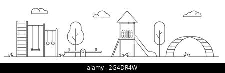 Spielplatz für Kinder. Liniengrafik. Die Landschaft des Parks mit Schaukel, Bank und Rutsche. Vektordarstellung auf weißem Hintergrund isoliert Stock Vektor