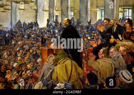 Konstantin Youn, erster Auftritt Lenins bei einem Treffen im Smolny, dem Petrograder Sowjet am 25. Oktober 1917, 1927 ( Russische Revolution 1917 - 1945 ) Lenin Stalin Russische Propaganda - Publizität Russland UdSSR Stockfoto