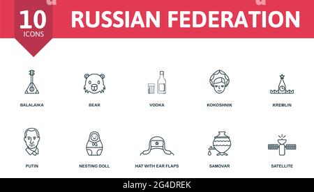 Symbol für die Russische Föderation gesetzt. Enthält editierbare Symbole russland Thema wie Balalaika, Wodka, kreml und mehr. Stock Vektor