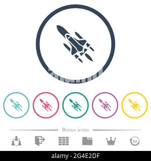 Space Shuttle mit Flach-Farbsymbolen in runden Umrissen. 6 Bonus-Symbole enthalten. Stock Vektor