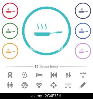 Glänzende, dampfende Bratpfanne Seitenansicht flache Farbsymbole in kreisförmigen Umrissen. 12 Bonus-Symbole enthalten. Stock Vektor