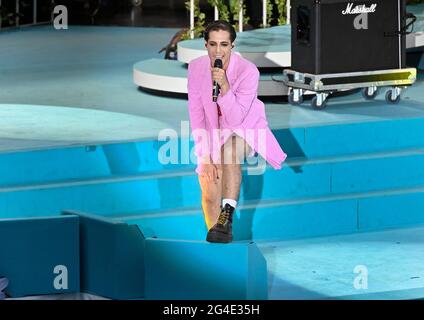 Damiano David aus Måneskin, Gewinner des Eurovision Song Contest, treten am 20. Juni 2021 im Lotta på Liseberg in Göteborg, Schweden, auf. Foto: Tommy Holl / TT Code 12033 Stockfoto