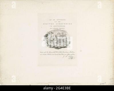 . Großes Blatt mit einer ovalen allegorischen Show und zwei Timern zur Eröffnung des neuen Amsterdamer Theaters am Leidseplein, 15. September 1774. Dieses Stadttheater wurde 1772 als Ersatz für die Schouwburg zur Keizersgracht erbaut und 1890 selbst niedergebrannt. In der Mitte begrüßt die Personifizierung der Amsterdamse Schouwburg mit einem neuen Bijenkorf einen Mann und zwei Kinder auf dem Schuss. Rechts von ihren beiden Putten rollt ein Bild des neuen Gebäudes auf. Bücher und Schriften mit Theaterarbeit. Im Häuptling von Apollo, den Muzen und Pegasus auf dem Parnassus. Stockfoto