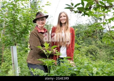 Liebstadt, Deutschland. Juni 2021. Bärbel Kemper und ihre Tochter Anna-Karina stehen nebeneinander im Bienenwald. Kemper wurde mit ihrem artenreichen Biotopverbund für den Deutschen Waldpreis nominiert. Der Preis zeichnet Personen aus, die sich besonders für den Forstsektor einsetzen. Quelle: Sebastian Kahnert/dpa-Zentralbild/dpa/Alamy Live News Stockfoto