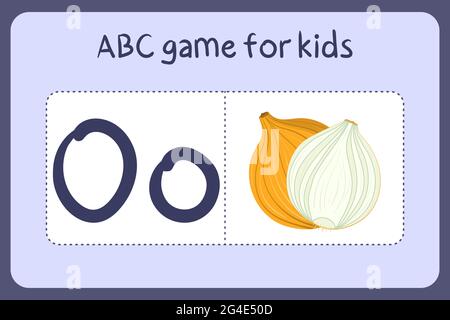 Kind Alphabet Mini-Spiele im Cartoon-Stil mit dem Buchstaben O - Zwiebel. Vektor-Illustration für Spiel-Design - Schneiden und spielen. Lerne abc mit Flash-Karten für Obst und Gemüse. Stock Vektor