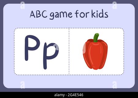 Kind Alphabet Mini-Spiele im Cartoon-Stil mit dem Buchstaben P - Pfeffer. Vektor-Illustration für Spiel-Design - Schneiden und spielen. Lerne abc mit Flash-Karten für Obst und Gemüse. Stock Vektor