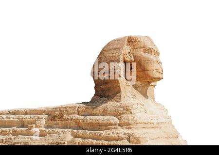 Große alte Sphinx isoliert auf weißem Hintergrund. Seitenansicht Stockfoto