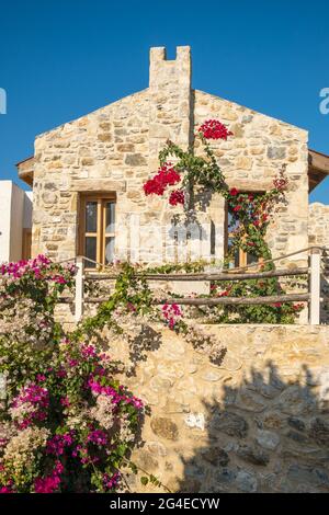 Altes Steinhaus mit Blumen in Old Datca, Türkei Stockfoto