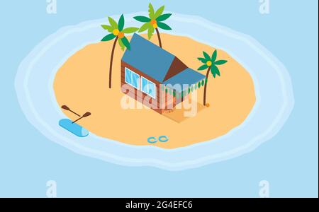 Isometrisches Holzhaus am Meer in der Nähe von Palmen. Stock Vektor