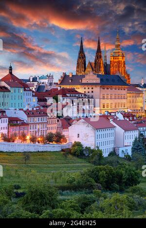 Skyline Von Prag. Luftbild von Prag, Hauptstadt der Tschechischen Republik mit St. Veits Kathedrale bei Sonnenuntergang im Sommer. Stockfoto