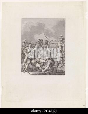 . Während eines Kampfes mit Mondragon findet Charles de Boisot den Tod auf dem Schlachtfeld, 29. September 1575. Dieser Druck ist Teil einer Serie von 24 Drucken mit Szenen aus dem Leben von Prinz Willem I., 1568-1584, und ist eine Illustration des siebzehnten Gesangs. Stockfoto
