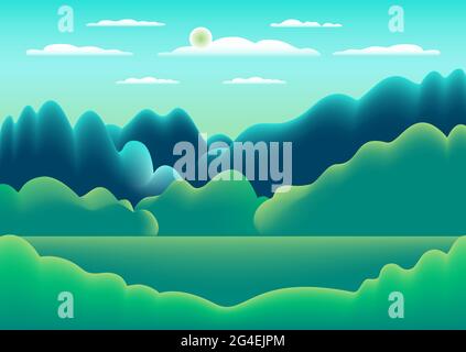 Hügel, Berglandschaft in flachem Design. Schönes Feld, Himmel, Wolke und Sonne. Ländliche Lage mit Talwald, Bäumen. Blaugrüner Gradient pa Stock Vektor
